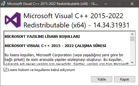 Microsoft Visual C++ Redistributable Kurulum aşaması 1